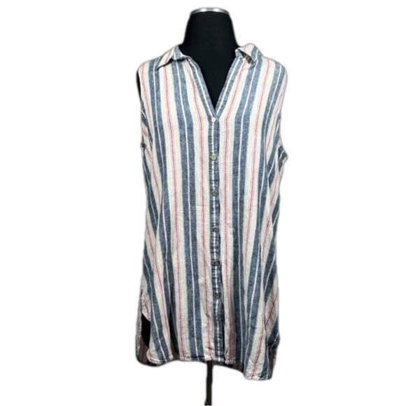 Calvin Klein Linen Blend Striped Sleeveless Button Up Hi-Low Hem Tunic Top Sz L - Picture 1 of 15